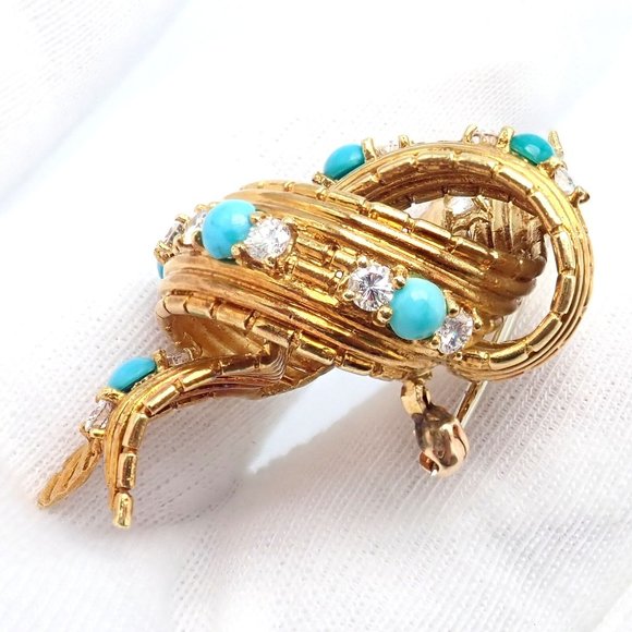Vintage Tiffany & Co. 18k Yellow Gold Diamond Turquoise Bamboo Bow Pin Brooch - Picture 8 of 11